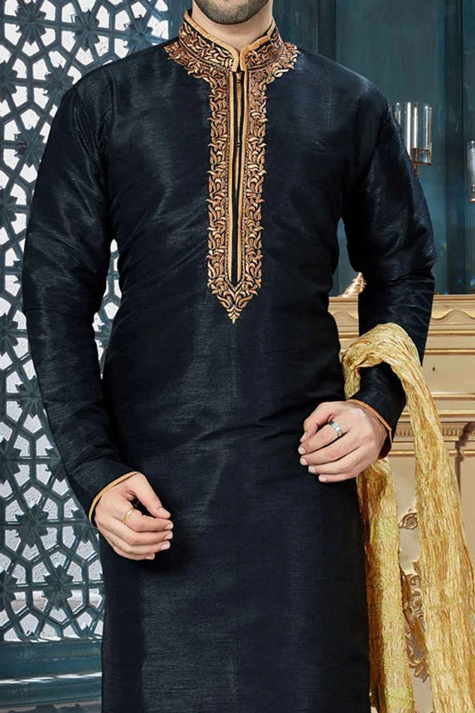 Black Art Dupion Regular Kurta Pajama (NMK-3831)