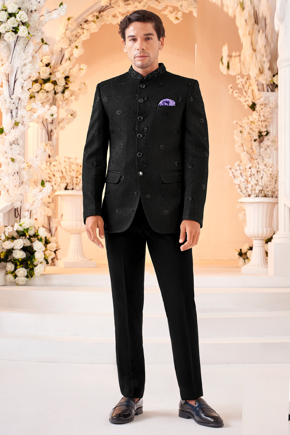 Black Art Embroidered Silk Bandhgala (NMK-8542) - Nihal Fashions