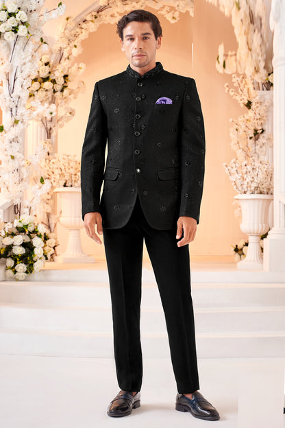 Black Art Embroidered Silk Bandhgala (NMK-8542) - Nihal Fashions