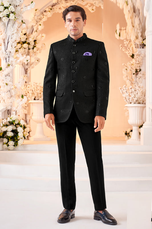 Black Art Embroidered Silk Bandhgala (NMK-8542) - Nihal Fashions