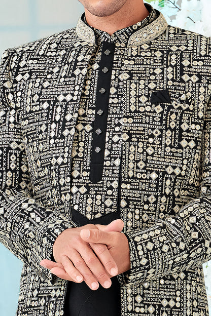 Black Art Embroidered Silk Mens Indo Western (NMK-8534) - Nihal Fashions