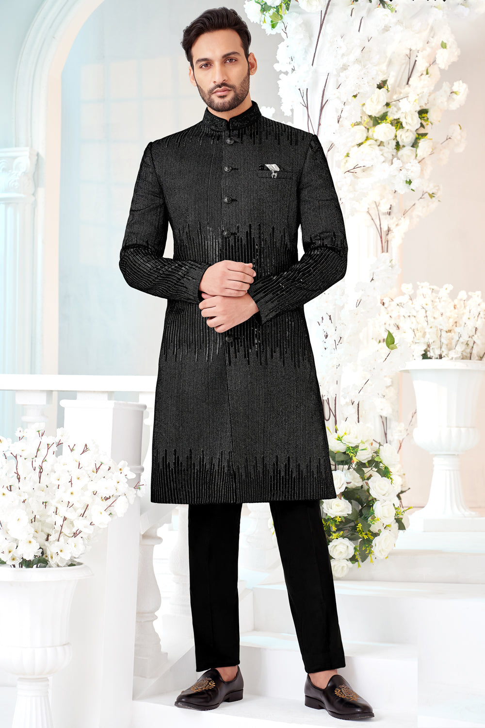 Black Art Embroidered Velvet Nawabi (NMK-8528) - Nihal Fashions