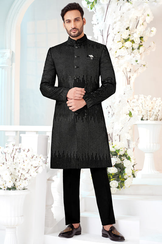 Black Art Embroidered Velvet Nawabi (NMK-8528) - Nihal Fashions