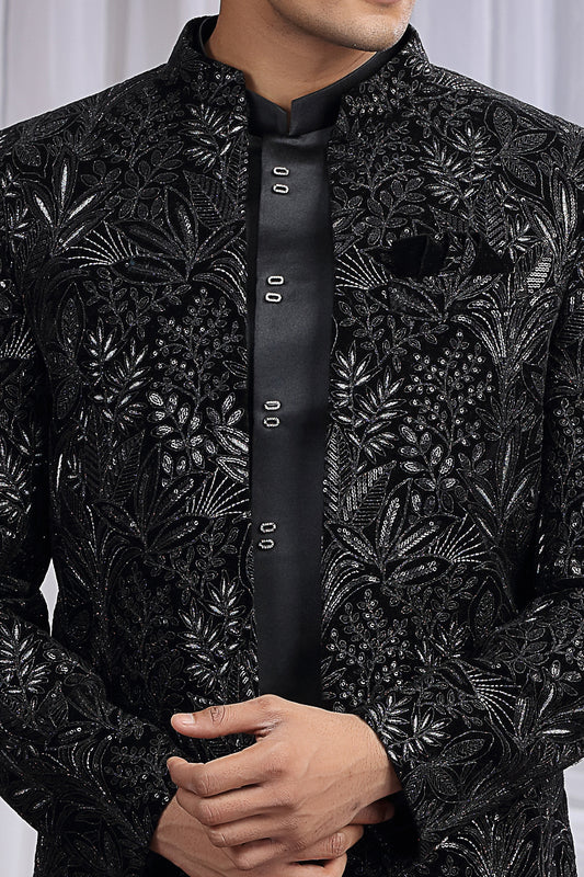 Black Art Silk 3 piece Jacket Jodhpuri (NMK-8673) - Nihal Fashions