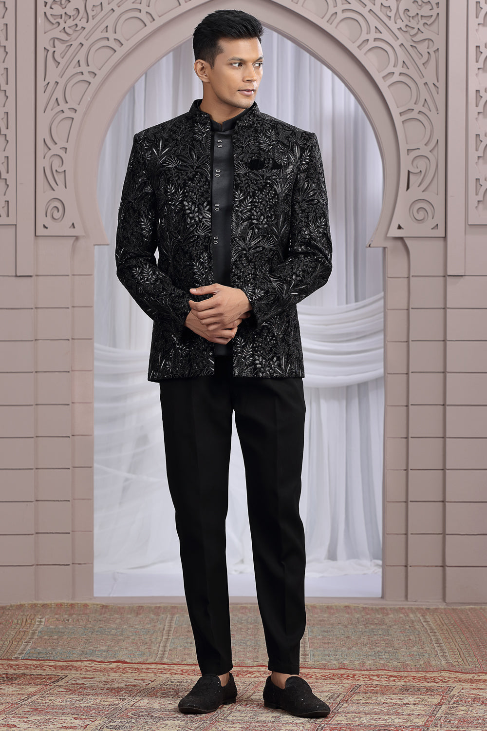 Black Art Silk 3 piece Jacket Jodhpuri (NMK-8673) - Nihal Fashions