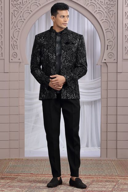Black Art Silk 3 piece Jacket Jodhpuri (NMK-8673) - Nihal Fashions