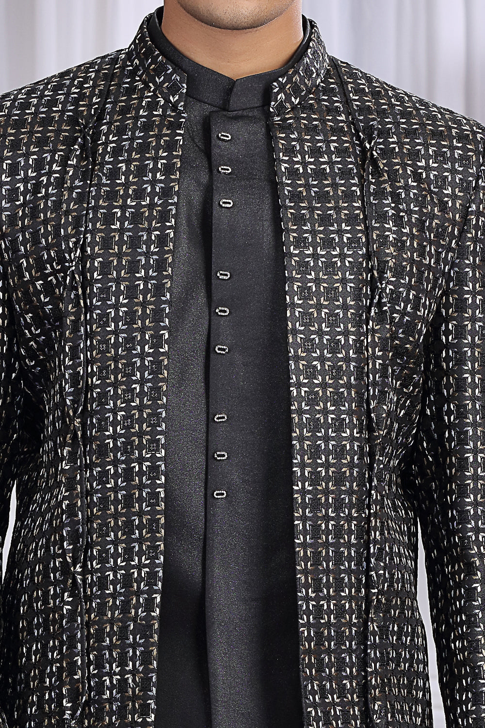 Black Art Silk 3 piece Jacket Jodhpuri (NMK-8675) - Nihal Fashions