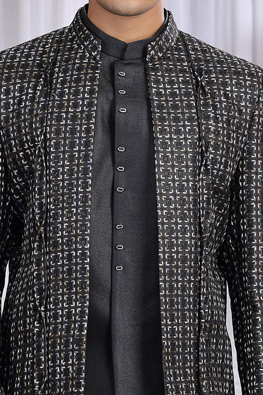 Black Art Silk 3 piece Jacket Jodhpuri (NMK-8675) - Nihal Fashions