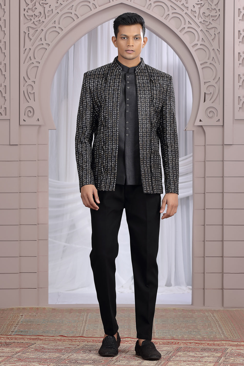 Black Art Silk 3 piece Jacket Jodhpuri (NMK-8675) - Nihal Fashions