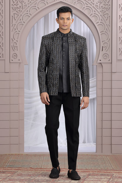 Black Art Silk 3 piece Jacket Jodhpuri (NMK-8675) - Nihal Fashions