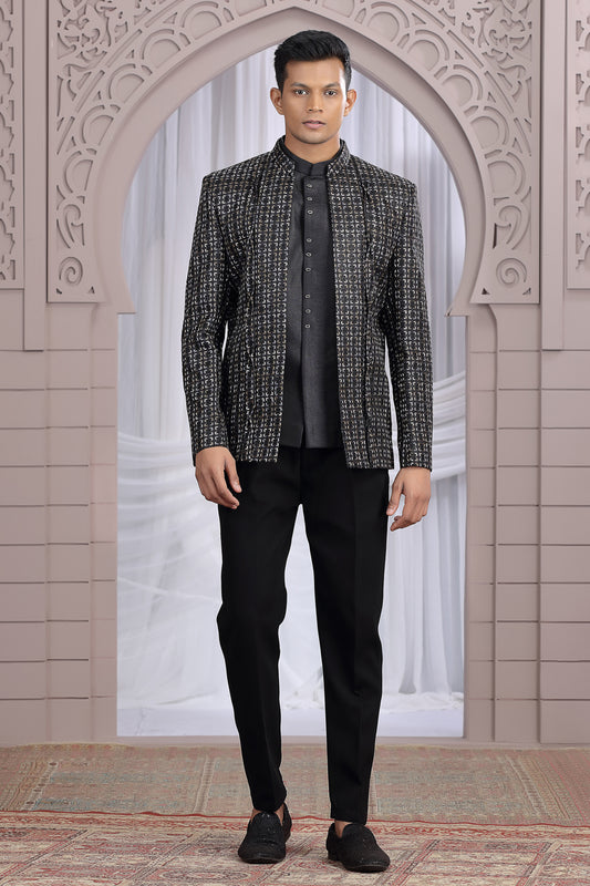 Black Art Silk 3 piece Jacket Jodhpuri (NMK-8675) - Nihal Fashions