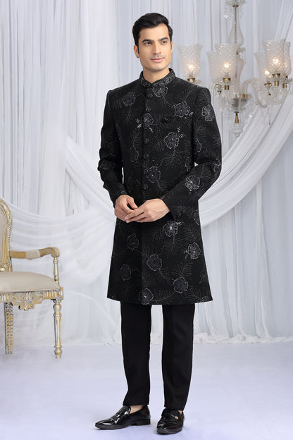 Black Art Silk Designer Sherwani (NMK-8652) - Nihal Fashions