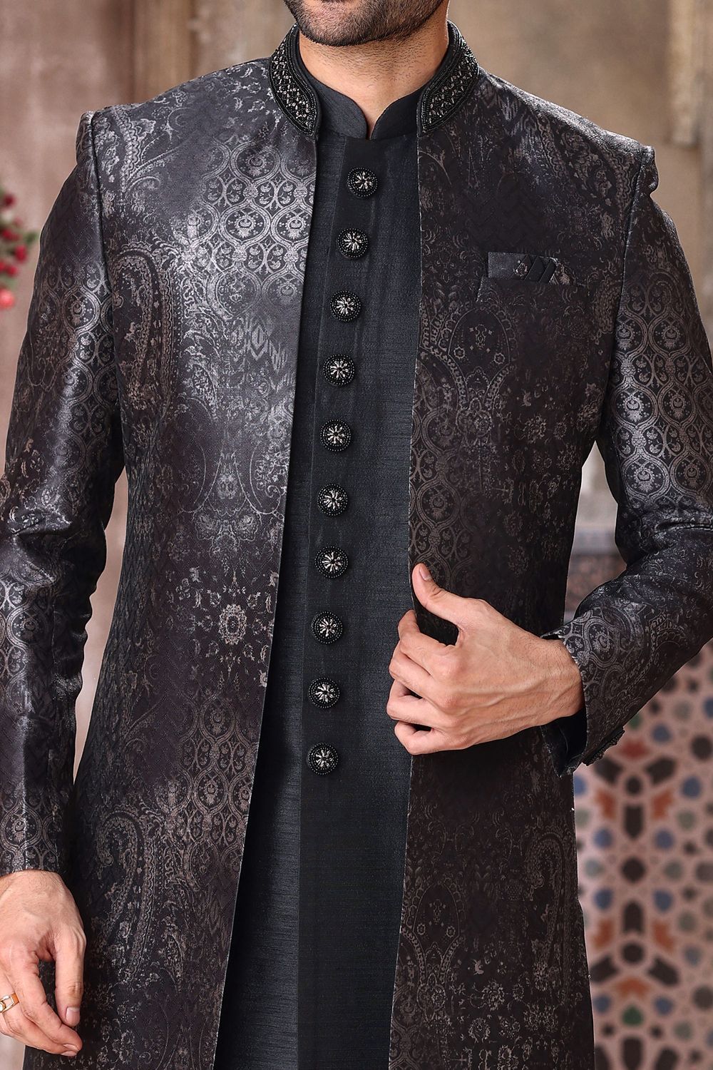 Black Art Silk Mens Indo Western (NMK-6844) - Nihal Fashions