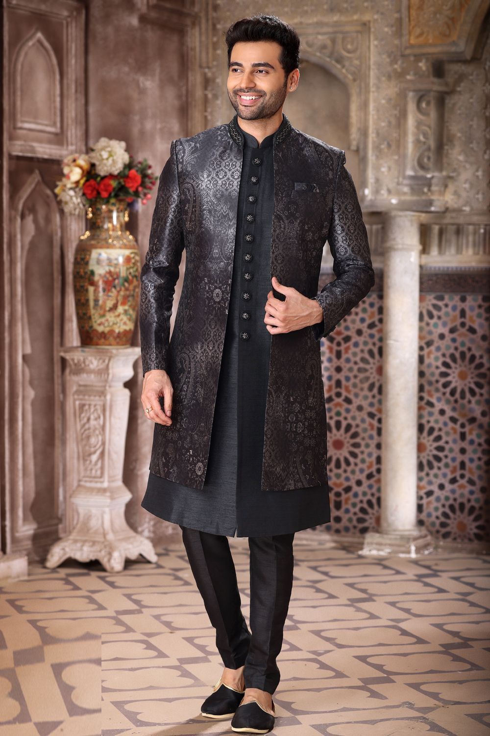 Black Art Silk Mens Indo Western (NMK-6844) - Nihal Fashions