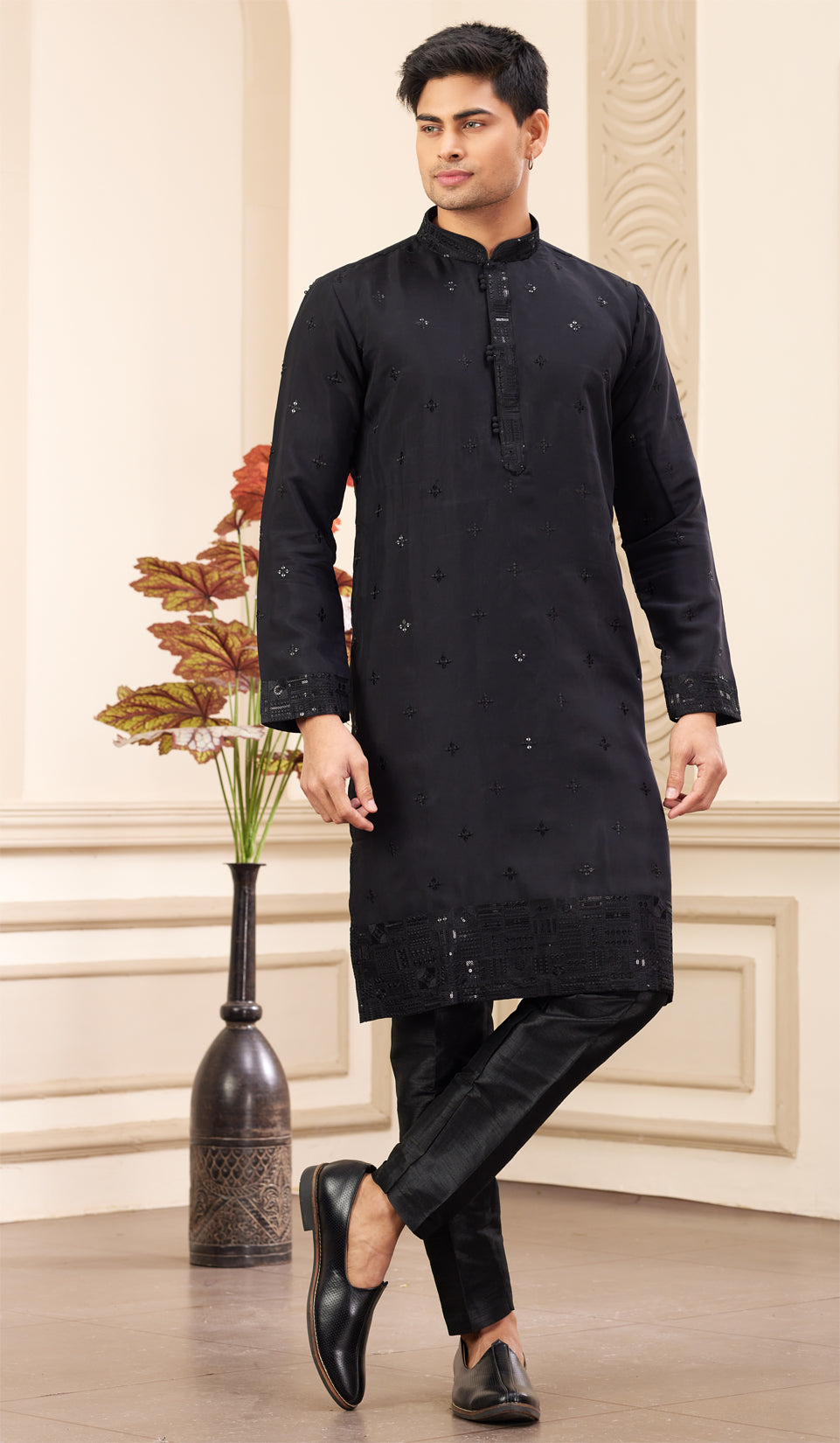 Black Art Silk Mens Kurta Pajama (NMK-8372) - Nihal Fashions