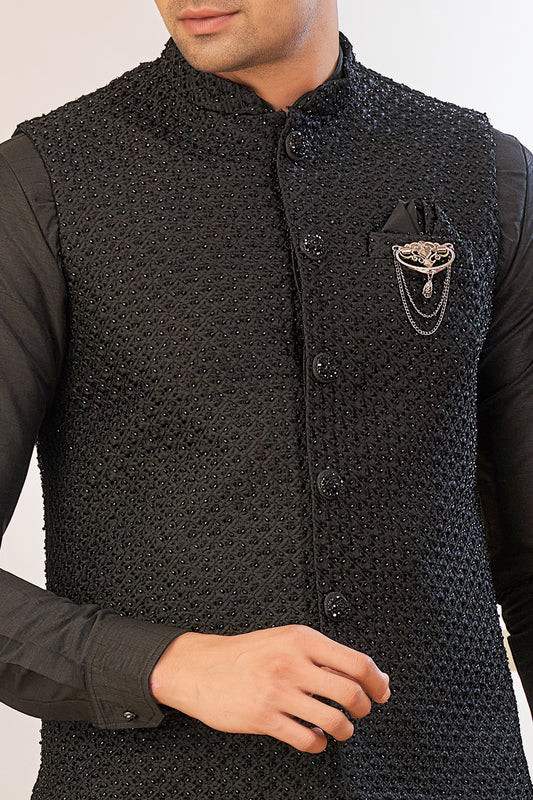 Black Art Silk Mens Nehru Jacket (NMK-8038) - Nihal Fashions