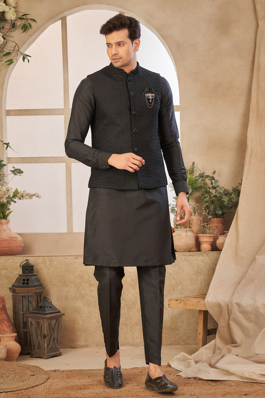 Black Art Silk Mens Nehru Jacket (NMK-8038) - Nihal Fashions