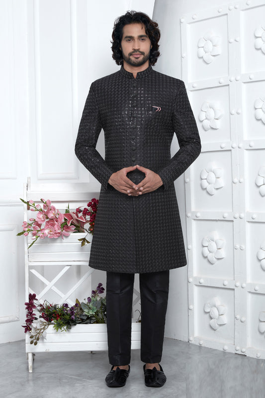 Black Art Silk Mens Sherwani (NMK-7880) - Nihal Fashions
