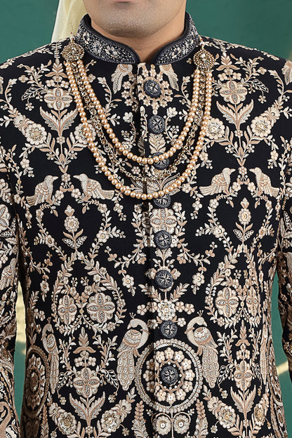 Black Art Silk Mens Sherwani (NMK-8599) - Nihal Fashions