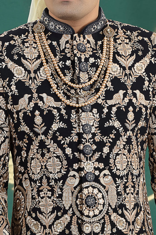 Black Art Silk Mens Sherwani (NMK-8599) - Nihal Fashions