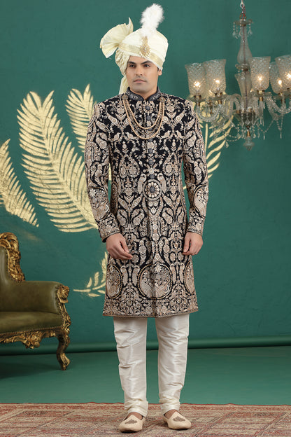 Black Art Silk Mens Sherwani (NMK-8599) - Nihal Fashions