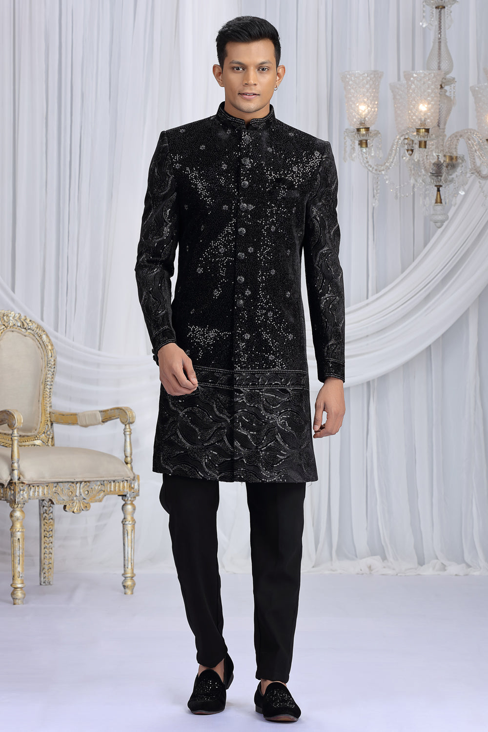 Black Art Silk Mens Sherwani (NMK-8653) - Nihal Fashions
