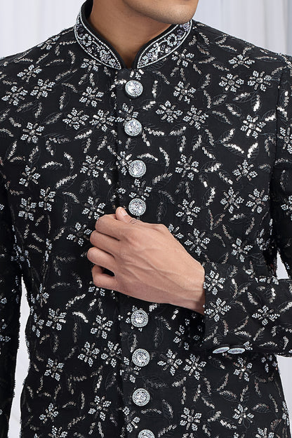 Black Art Silk Sherwani For Men (NMK-8650) - Nihal Fashions