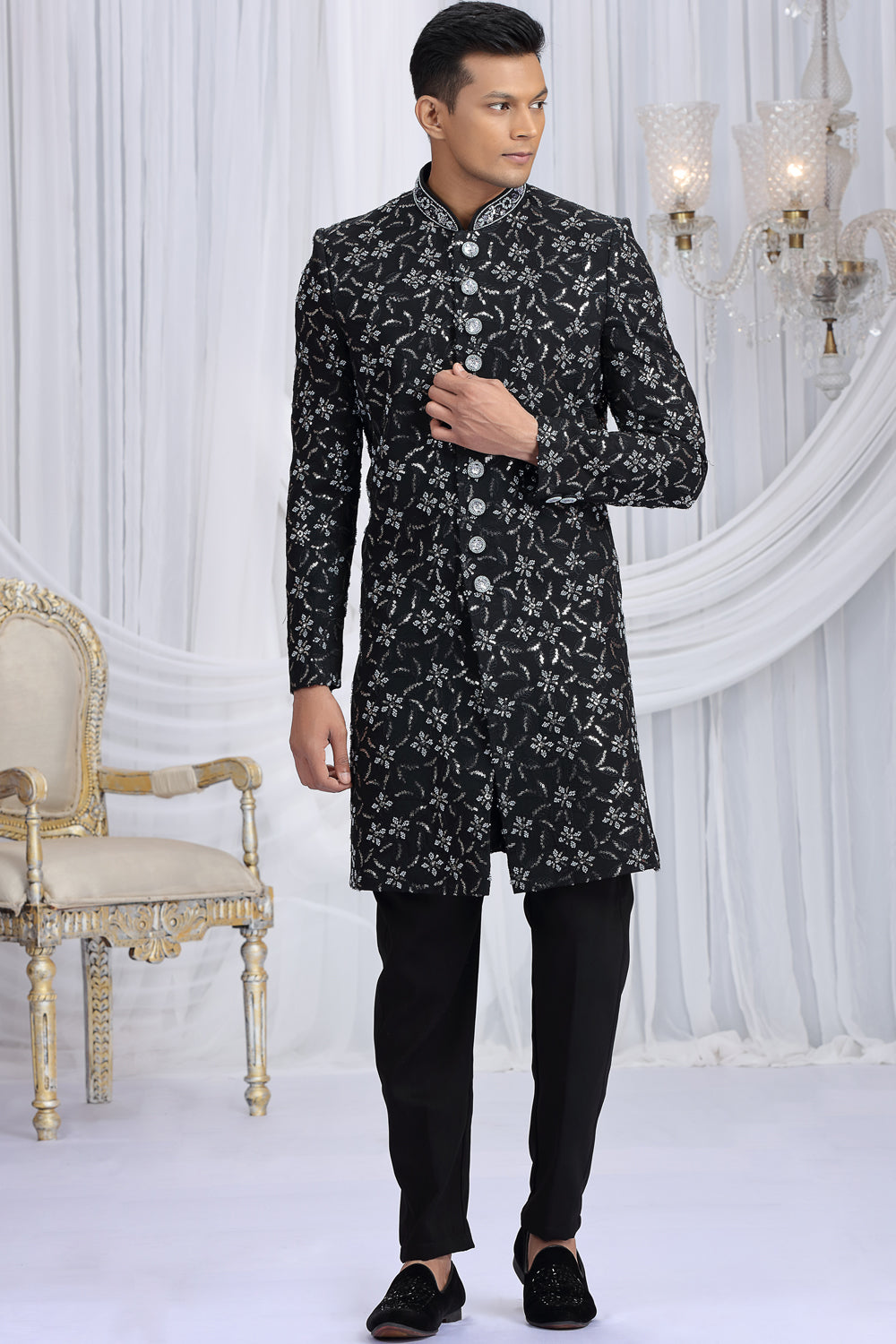 Black Art Silk Sherwani For Men (NMK-8650) - Nihal Fashions