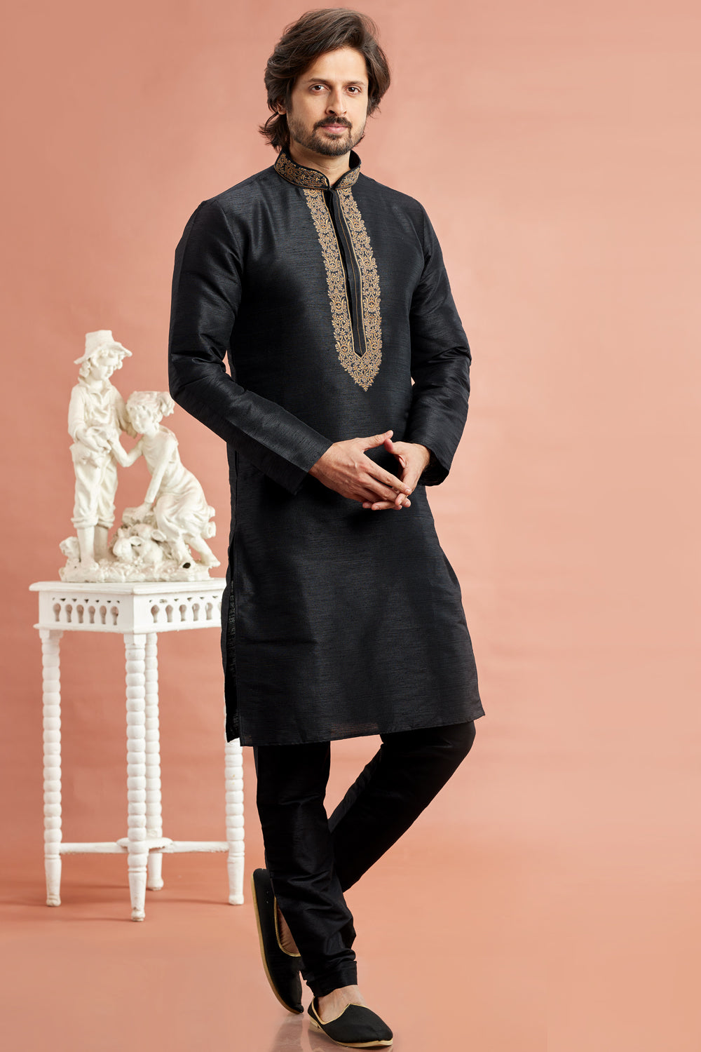 Black Banarasi Art Silk Kurta for Men (NMK-7942) - Nihal Fashions
