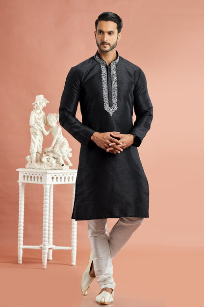 Black Banarasi Art Silk Kurta Pajama (NMK-7937) - Nihal Fashions