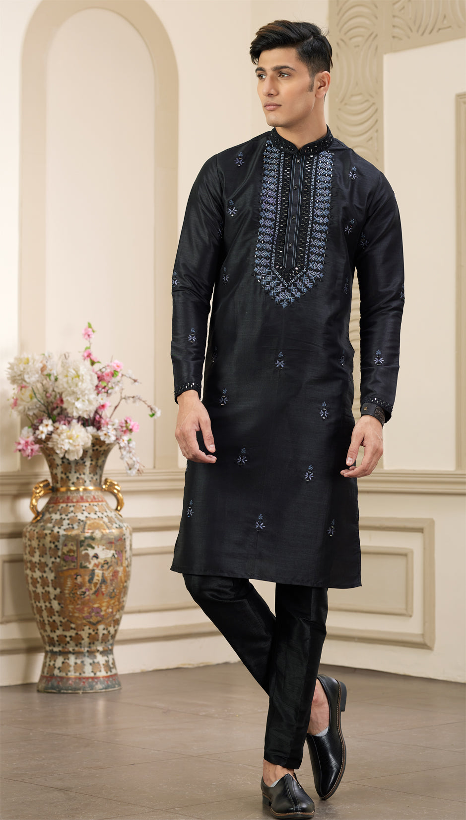 Black Banarasi Art Silk Kurta Pajama (NMK-8391) - Nihal Fashions