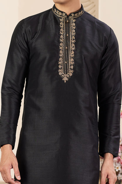 Black Banarasi Art Silk Kurta Pajama (NMK-8468) - Nihal Fashions