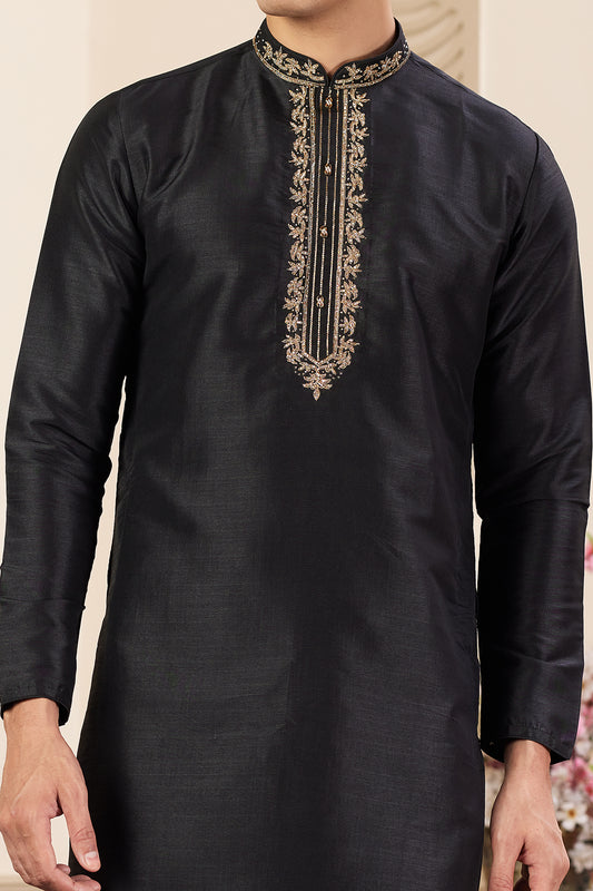 Black Banarasi Art Silk Kurta Pajama (NMK-8468) - Nihal Fashions