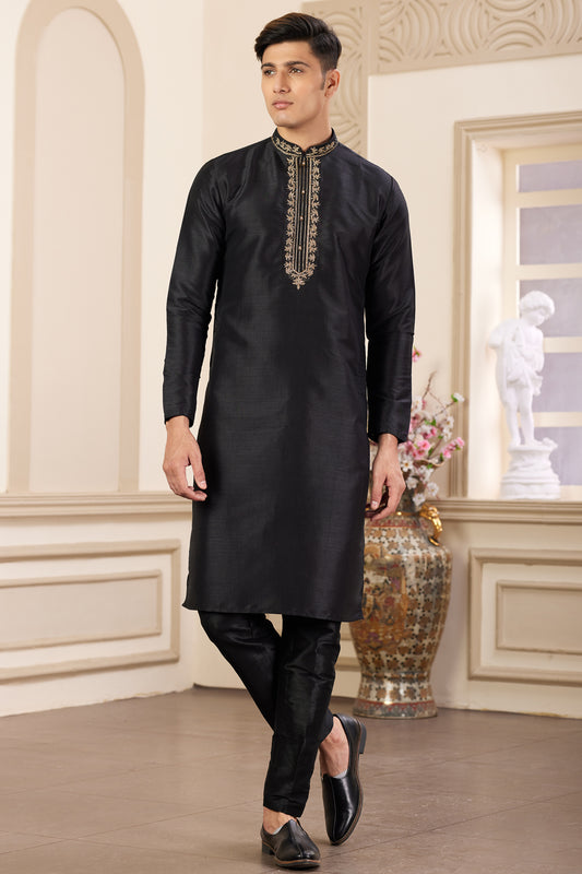 Black Banarasi Art Silk Kurta Pajama (NMK-8468) - Nihal Fashions