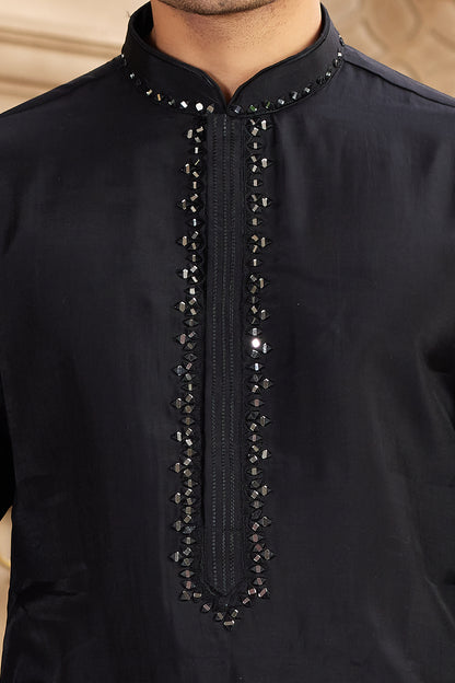 Black Banarasi Art Silk Kurtas for Men (NMK-8489) - Nihal Fashions
