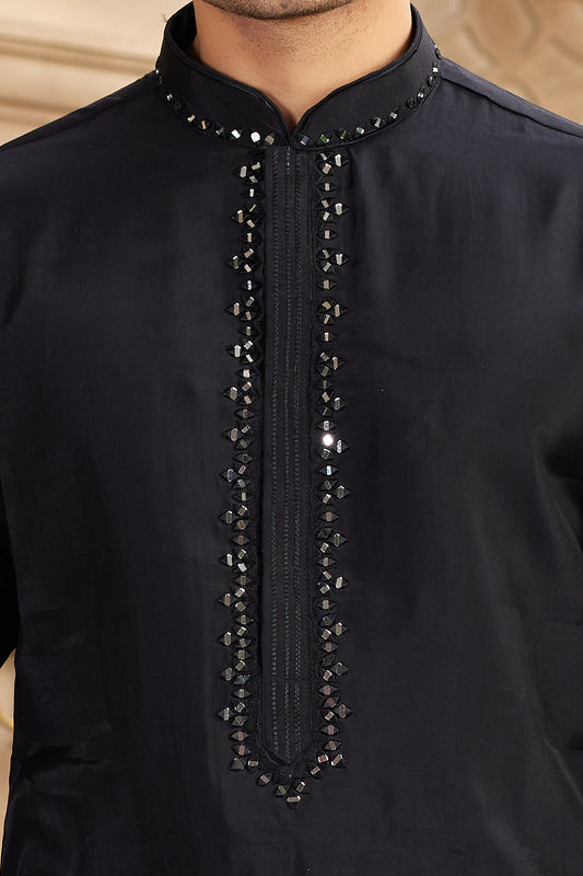 Black Banarasi Art Silk Kurtas for Men (NMK-8489) - Nihal Fashions