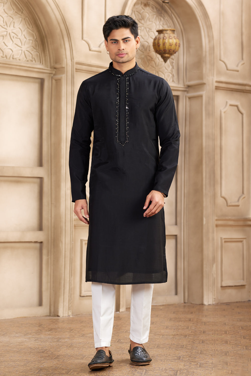 Black Banarasi Art Silk Kurtas for Men (NMK-8489) - Nihal Fashions