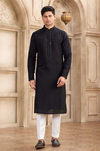 Black Banarasi Art Silk Kurtas for Men (NMK-8489) - Nihal Fashions