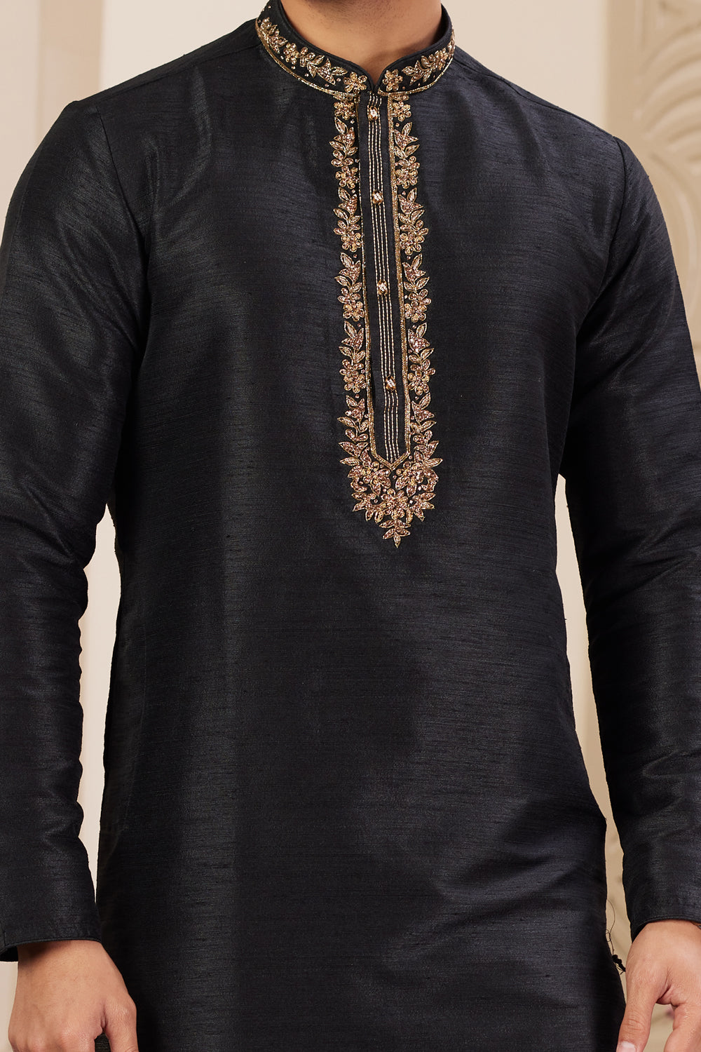 Black Banarasi Art Silk Mens Kurta Pajama (NMK-8477) - Nihal Fashions