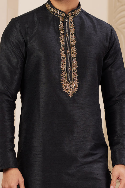 Black Banarasi Art Silk Mens Kurta Pajama (NMK-8477) - Nihal Fashions