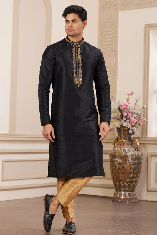 Black Banarasi Art Silk Mens Kurta Pajama (NMK-8477) - Nihal Fashions