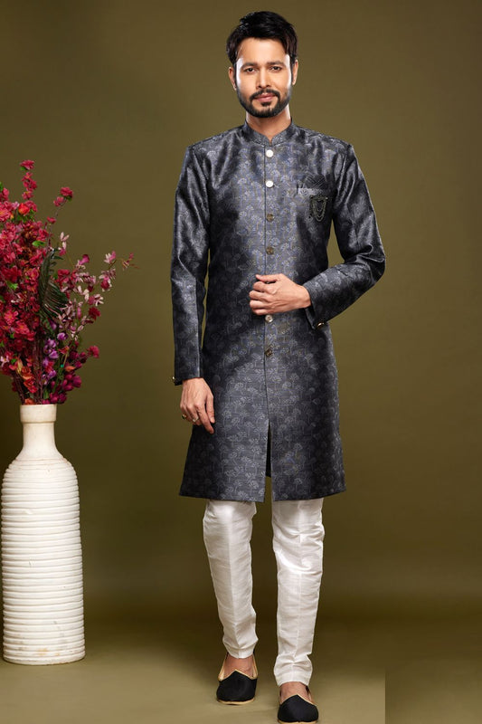 Black Banarasi Jaquard Mens Indo Western (NMK-7005) - Nihal Fashions