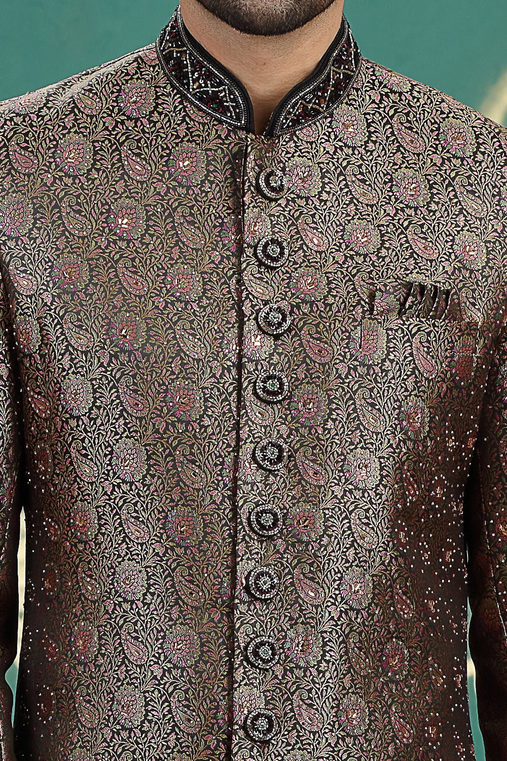 Black Banarasi Jaquard Sherwani (NMK-8615) - Nihal Fashions