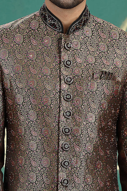 Black Banarasi Jaquard Sherwani (NMK-8615) - Nihal Fashions