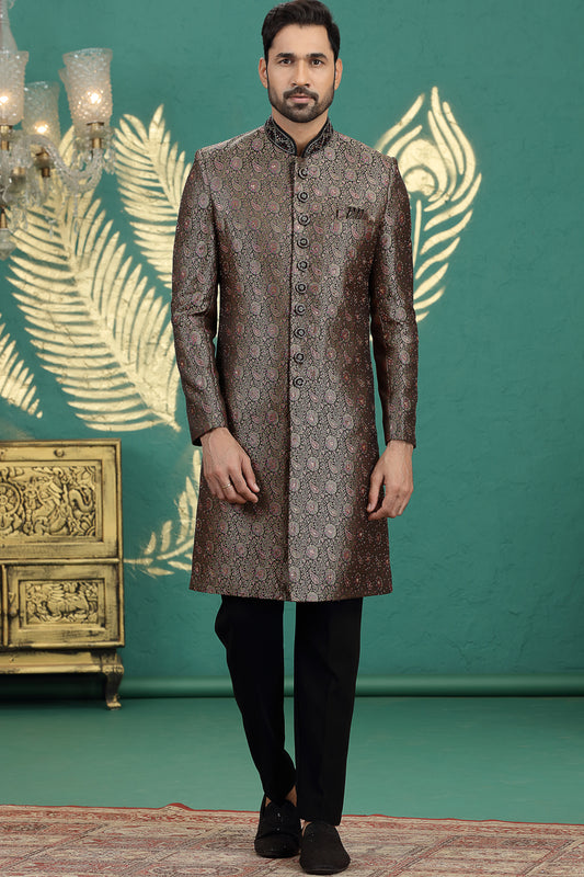 Black Banarasi Jaquard Sherwani (NMK-8615) - Nihal Fashions