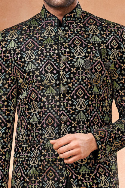 Black Banarasi Silk Mens Jodhpuri (NMK-7243) - Nihal Fashions