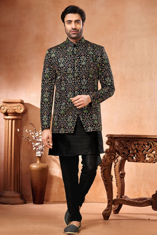 Black Banarasi Silk Mens Jodhpuri (NMK-7243) - Nihal Fashions