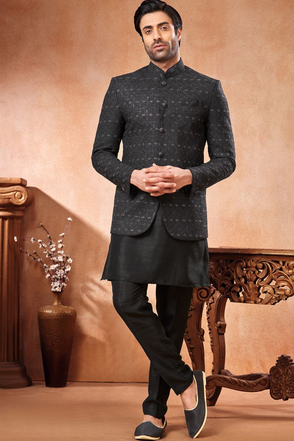 Black Banarasi Silk Mens Jodhpuri (NMK-7245) - Nihal Fashions