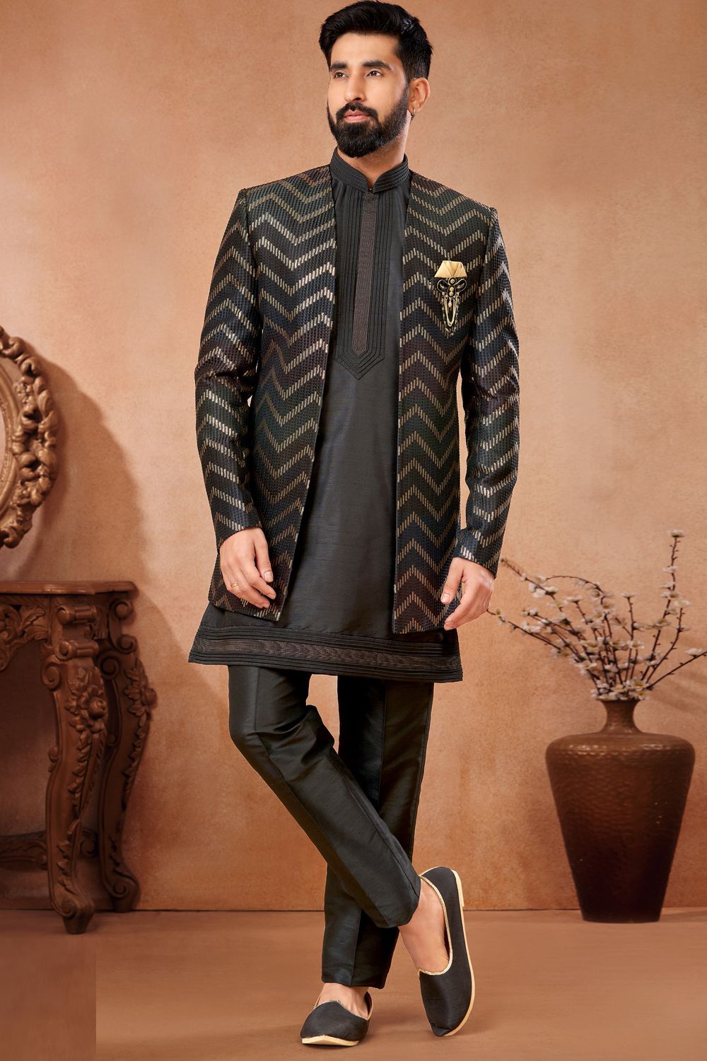 Black Banarasi Silk Mens Jodhpuri (NMK-7270) - Nihal Fashions