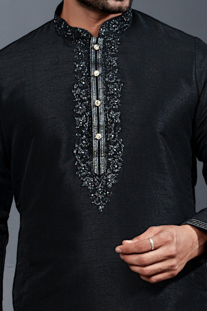 Black Banglori Silk Kurta Pajama (NMK-8745) - Nihal Fashions